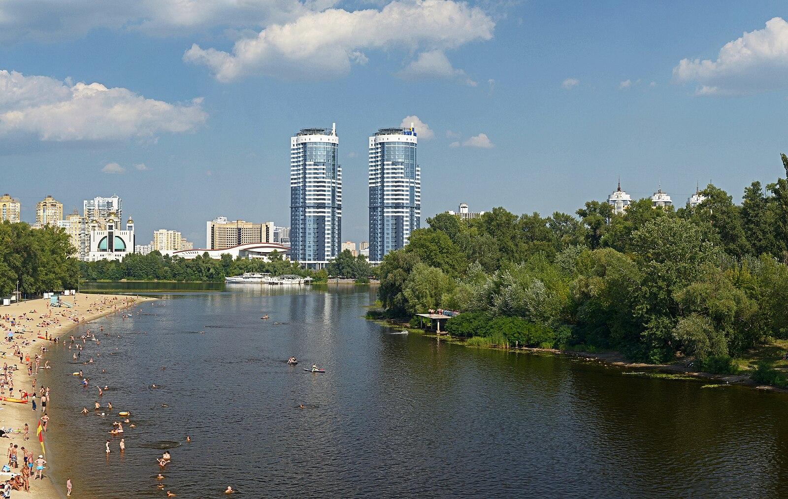 Venetian channel and beach. View from the Venetian bridge. Kyiv, Ukraine